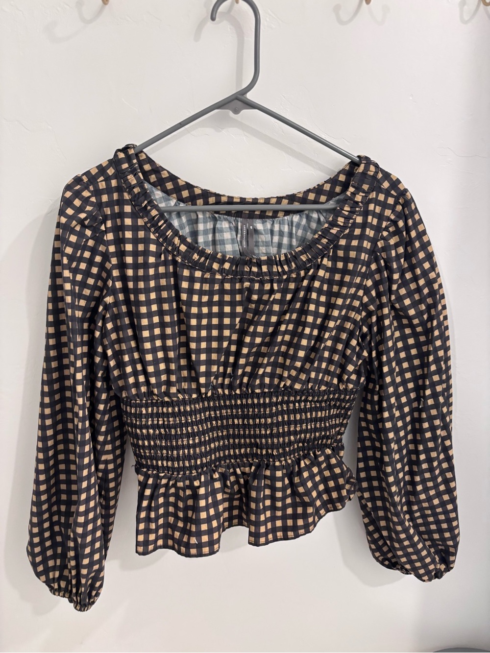 Anthropologie Smoked Waist Plaid Peasant Blouse - Black & Cream